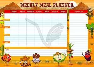 Weekly meal planner with cartoon cowboy vegetables - vector clip art