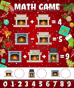 Christmas fireplace and hearth math game worksheet - color vector clipart