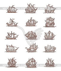 Старинные эскизы парусных кораблей и парусных лодок - векторная иллюстрация