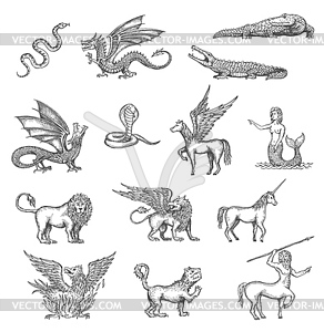 Эскиз анимласа единорога, феникса, дракона, Пегаса - изображение в формате EPS