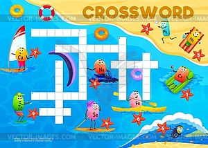 Crossword quiz game grid, cartoon vitamin on beach - vector image