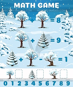 Christmas winter forest trees math game worksheet - vector clipart