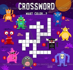 Crossword quiz game, cartoon cute funny monsters - vector image