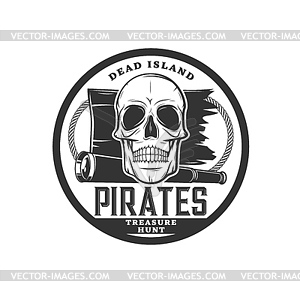 Pirate skull icon, treasure island hunt adventure - vector image