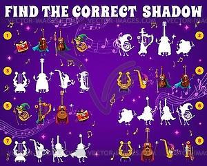 Shadow match game, fairy wizard music instruments - vector clipart