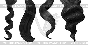 Shiny black woman hair strands, straight ponytail - vector image