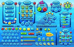 Интерфейс игры подводный океан, мультяшный морской графический интерфейс - клипарт в векторном виде