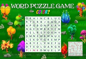 Word search puzzle game find color of magic tree - vector clipart