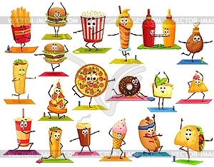 I spy game, cartoon fast food characters on yoga fitness, vector kids