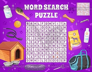 Word search puzzle with dog pet care accessories - color vector clipart