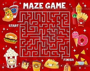 Labyrinth maze game with cute fast food characters - vector image