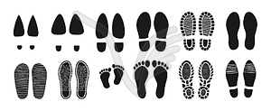 Man and woman shoes, baby barefoot footprints - vector image