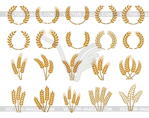 Cereal wheat ear and spikes, laurel wreath icons - vector clip art