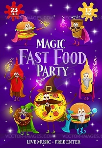 Halloween magic party flyer, fast food wizards - vector image