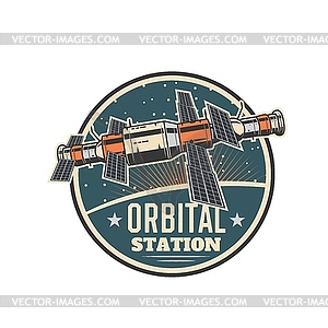 Cosmodrome icon, orbital station shuttle in space - vector image