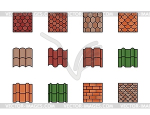 Цветные значки черепицы на крыше, узоры на крыше дома - стоковое векторное изображение