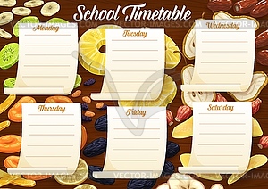 Education timetable schedule with dried fruits - vector clipart