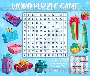 Holiday presents and gifts word search puzzle game - vector clipart