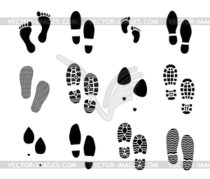 Shoes footprint, footwear and barefoot traces - vector clip art