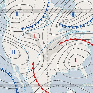 Weather forecast, meteorology isobar USA map - vector clip art