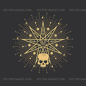 Pentagram, magic esoteric star, occult skull, eye - vector image