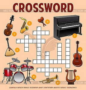 Musical instruments crossword puzzle worksheet - vector image