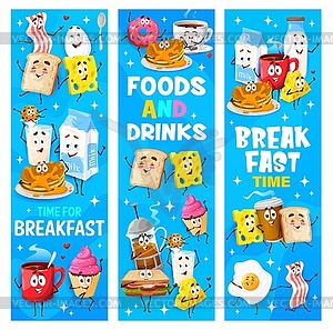 Cartoon funny breakfast food characters banners - vector clipart