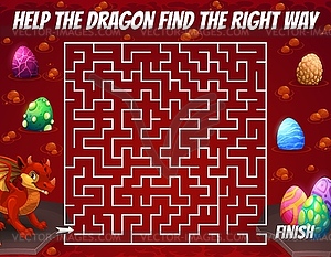 Labyrinth maze game, help dragon find eggs - vector clipart