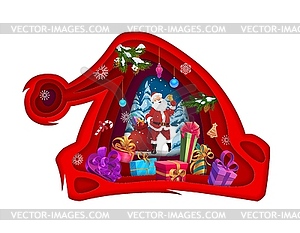 Christmas paper cut santa hat and gifts. 3d - vector clipart