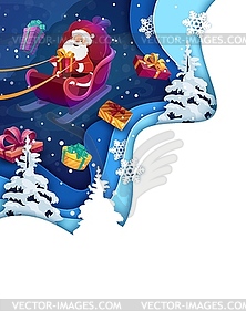 Рождественский плакат, вырезанный из бумаги, летающий мультяшный Санта - изображение в векторном виде