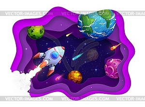 Space paper cut rocket, galaxy planets and stars - color vector clipart