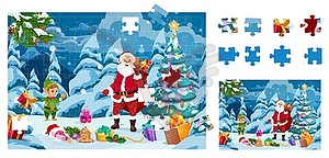 Christmas jigsaw puzzle game, Santa, gnome, gifts - vector image