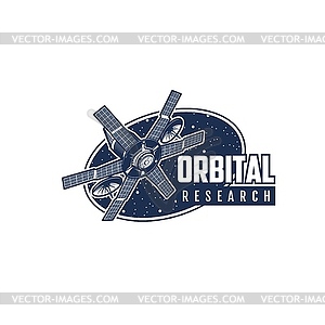 Space research with orbital station retro icon - vector image