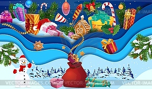 Рождественская вырезанная из бумаги сумка для подарков Санты с подарками - векторный клипарт / векторное изображение
