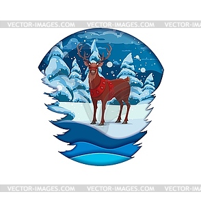 Christmas paper cut Santa deer in snowy forest - vector image