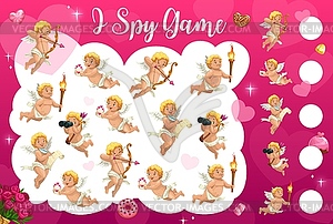 I spy game worksheet, cartoon cupid angels, hearts - stock vector clipart