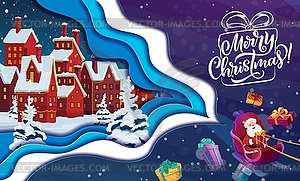 Christmas paper cut, cartoon Santa on sleigh - vector image