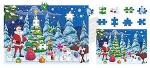 Christmas Santa, gnome, gifts. Jigsaw puzzle game - vector clipart