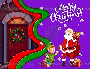 Christmas paper cut cartoon Santa, holiday wreath - vector clip art
