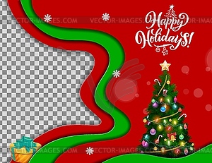 Christmas paper cut frame with Xmas tree and gift - vector clipart