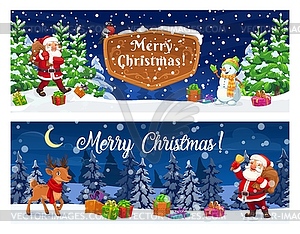 Рождественские баннеры мультяшный Санта и олень в лесу - векторное изображение клипарта