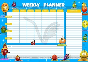 Weekly planner with cartoon fruits on yoga fitness - vector image