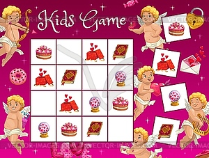 Sudoku kids game with cartoon cupid angels, hearts - vector image