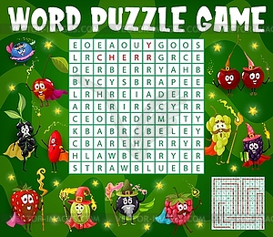 Berry wizard characters on word search game puzzle - vector image