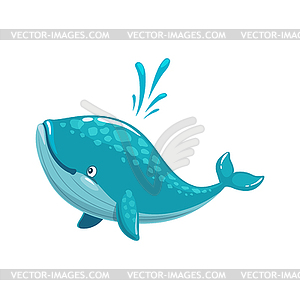 Cartoon whale character with water cascade splash - vector clipart