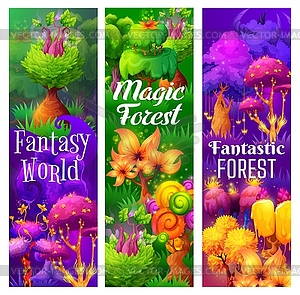 Fantastic and fairy magic trees and plants forest - vector image
