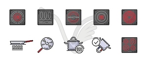 Induction icons of cooker or kitchen cooking hob - vector clip art