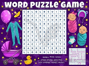 Cartoon newborns and kids toys word search puzzle - vector image