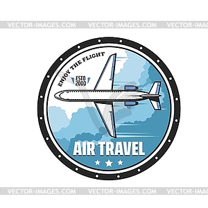 Air travel, airline charter flight vintage icon - vector clipart