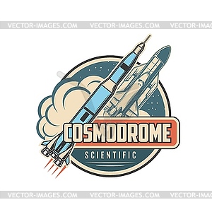 Cosmodrome icon with space rocket and shuttle - vector clipart